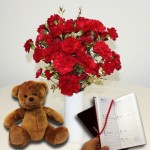 Red andamp; Gold Carnations 20 Stems + Vase + Cuddly Bear plus Diary