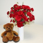 20 Red andamp; Gold Carnations Vase + Cuddly Bear